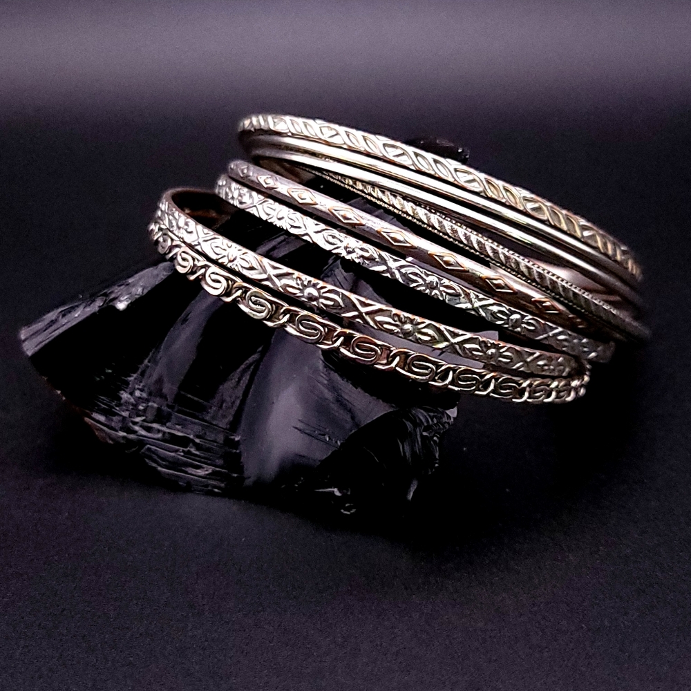 Vintage 90s Etched Silver-Tone Bangle Stack Set of 8